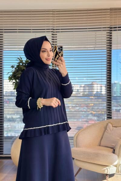 152 Kol Ve Etek Ucu Taş Şerit Detaylı Takım Lacivert