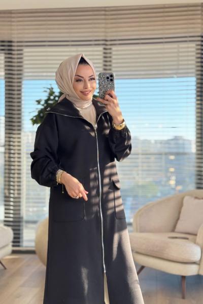 15225 Önden Cepli Ve Fermuarlı Kap Siyah