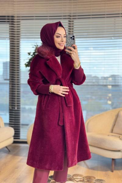 15229 Angora Yakası Kürklü Uzun Kaban Bordo