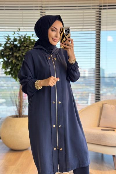 15251 Önü Fermuar Ve Çıtçıtlı Kapşonlu Kap Lacivert