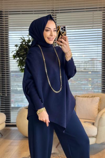 161 Asimetrik Omzu Drapeli Triko Tunik Lacivert