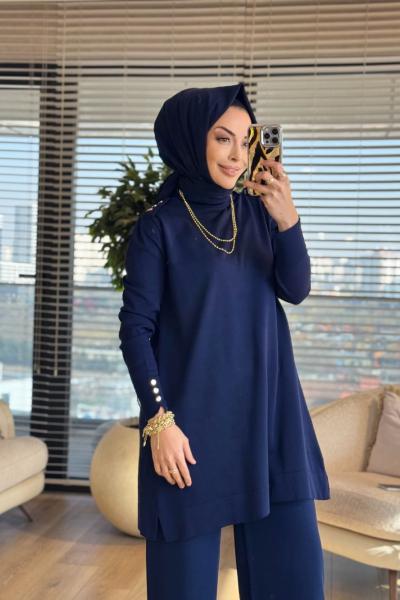 165 Omzu Düğmeli Triko Tunik Lacivert