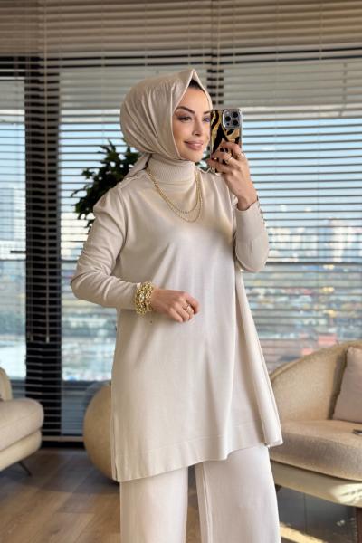 165 Omzu Düğmeli Triko Tunik Bej