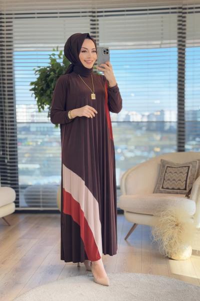 1675 Pliseli Renkli Elbise Kahve
