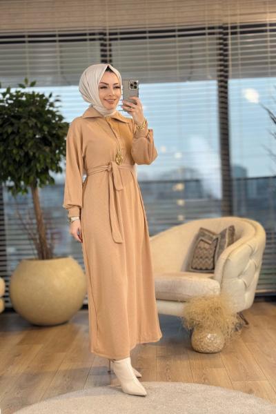 1710 Geniş Yaka Fitilli Elbise Latte