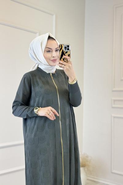 172 Kendinden Desenli Fermuarlı Ferace Haki