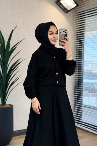 173 Eteği Zikzak Desenli Triko Takım Siyah