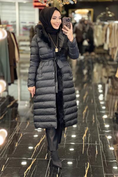 18282 Milano Kapşon Ve Patı Kürklü Şişme Kaban Siyah