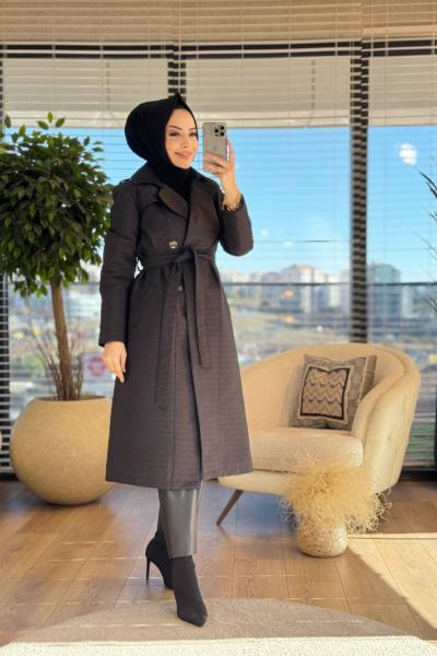 19-1113 Çiçek Kapitone Nakışlı Trenç Siyah