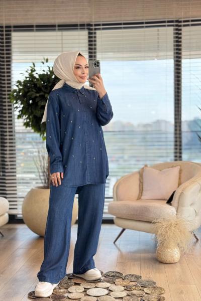 2013 Tencel Üstü Serpme Renkli Taşlı Gömlek Koyu Mavi