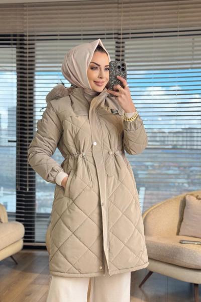 2024 Kapitone Kapş.Kürk Uzun Kaban Koyu Bej