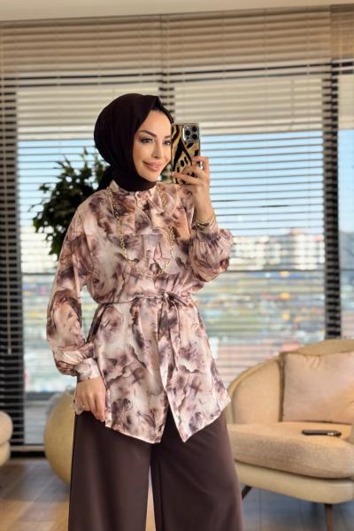 7033 Kumsal Batik Desen Tunik Kahve
