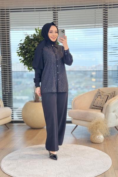 2066 Önü Zikzak Sim Baskılı Gömlek Siyah