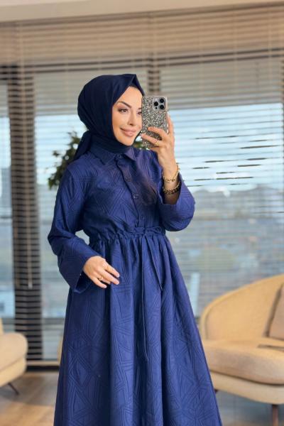 20713 Kendinden Geometrik Desenli Elbise Lacivert