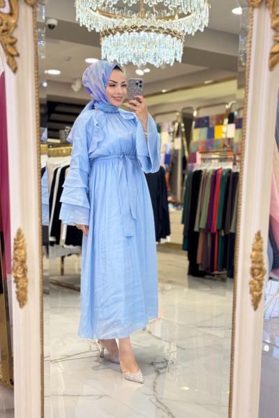 20717 Ön Kol Fırfırlı Elbise Mavi