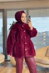 20723 Angora Yakasız Ön Metal Düğmeli Kaban Bordo
