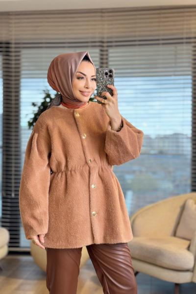 20723 Angora Yakasız Ön Metal Düğmeli Kaban Camel