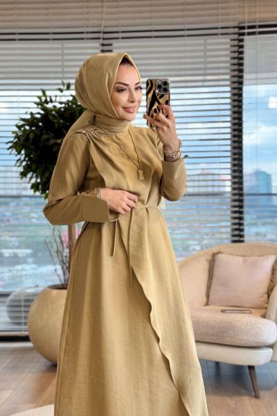 20779 Sol Omuz Tokalı Önü Parçalı Elbise Haki