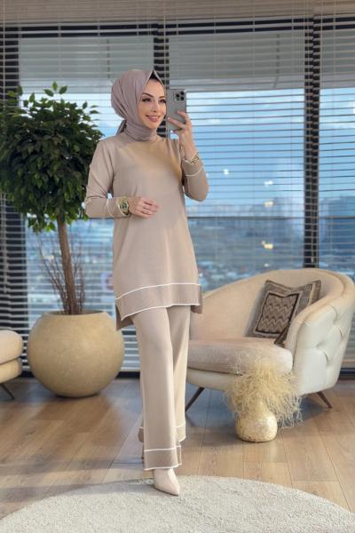 21-2006 Etek Kol Ve Paça Biye Detaylı Triko Takım Bej