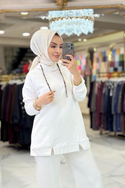 2135 Arkası Desenli Yıldızlı Kapşonlu Tunik Ekru