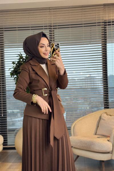 2194-1 İki Düğme Ceket Pilise Etekli Takım Kahve