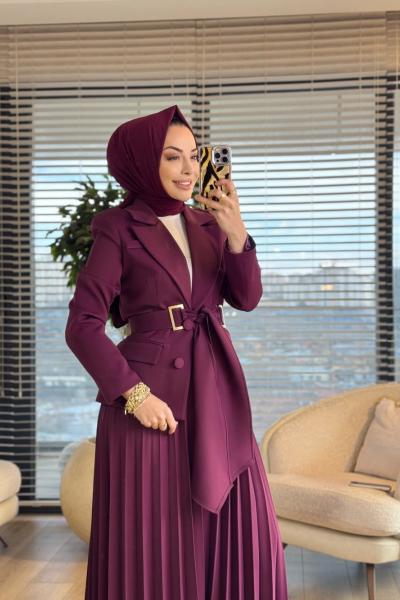 2194-1 İki Düğme Ceket Pilise Etekli Takım Mürdüm