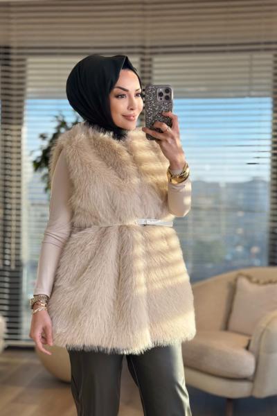 2205 Peluş Kemerli Yelek Bej