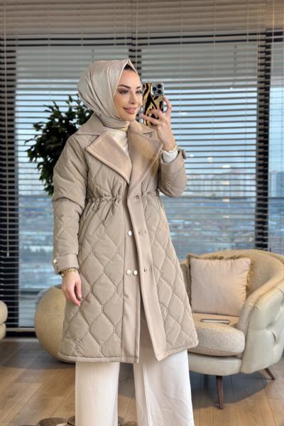 2208-1 Kapitone Kaşe Garnili Uzun Kaban Bej