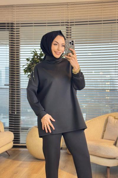 22159 Omuzları Taş İşlemeli Takım Siyah