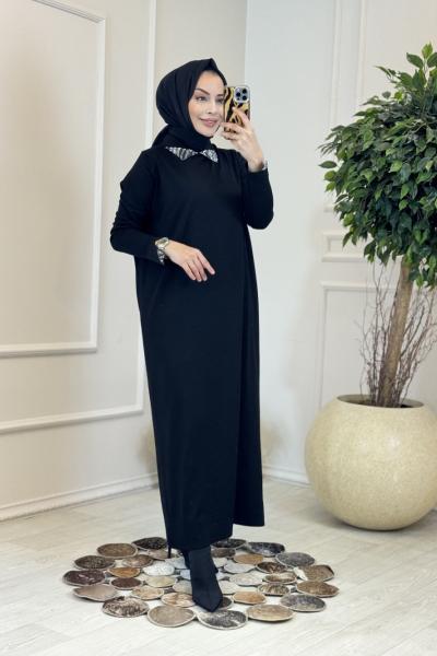 222 Yakası Taşlı Gömlek Yaka Triko Elbise Siyah