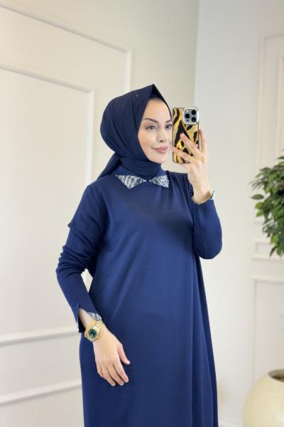 222 Yakası Taşlı Gömlek Yaka Triko Elbise Lacivert