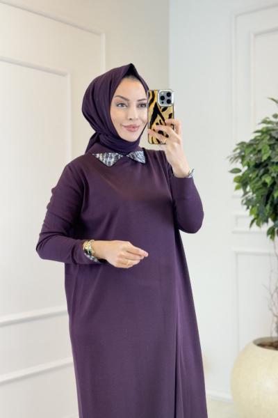 222 Yakası Taşlı Gömlek Yaka Triko Elbise Mürdüm