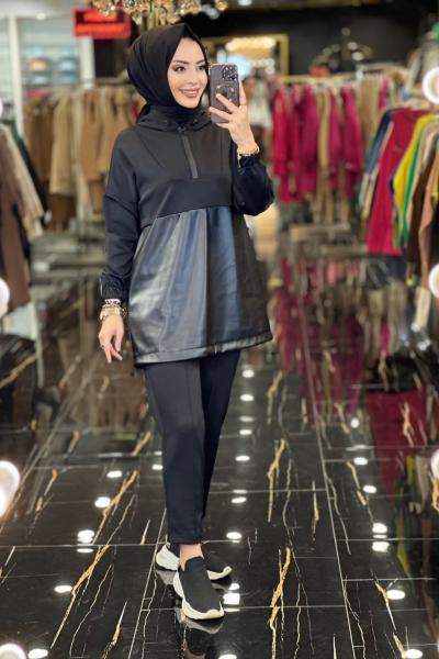 22209 Önü Deri Parçalı Pat Fermuarlı Kapş.Takım Siyah