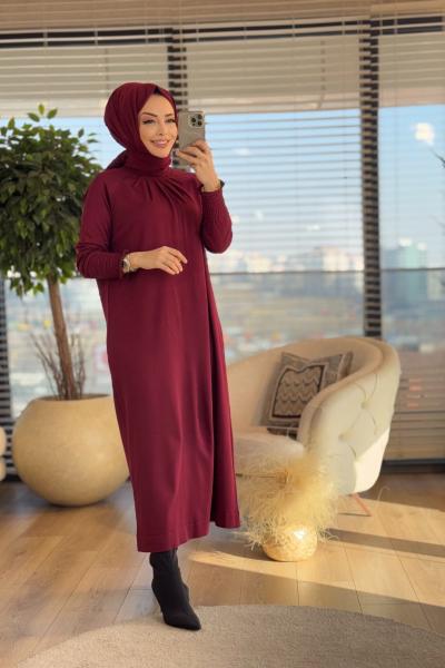 223 Önü Piliseli Reklanlı Triko Elbise Bordo