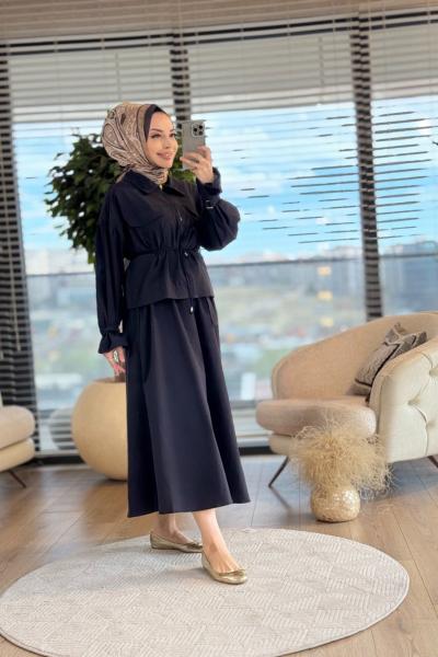 22680 Ön Cep Kapaklı Fermuarlı Etekli Takım Siyah