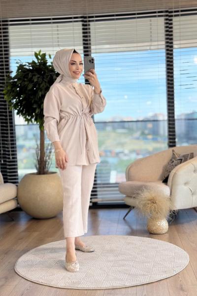 22626 Kendinden Çizgili Beli Bağcıklı Takım Bej