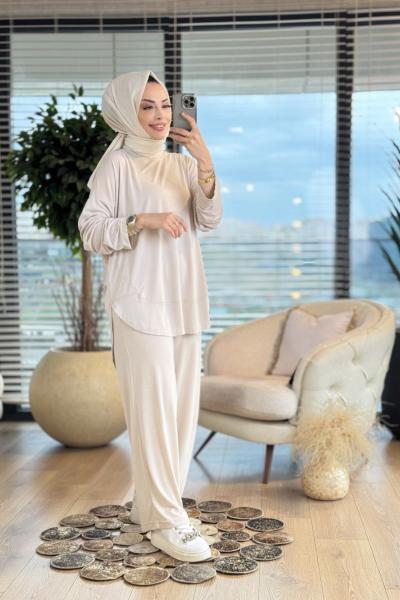 22708 Etek Ucu Dikiş Ve Parça Detaylı Takım Bej