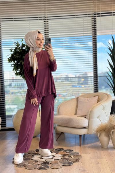 22758 Etek Ucu İp Detaylı Takım Bordo