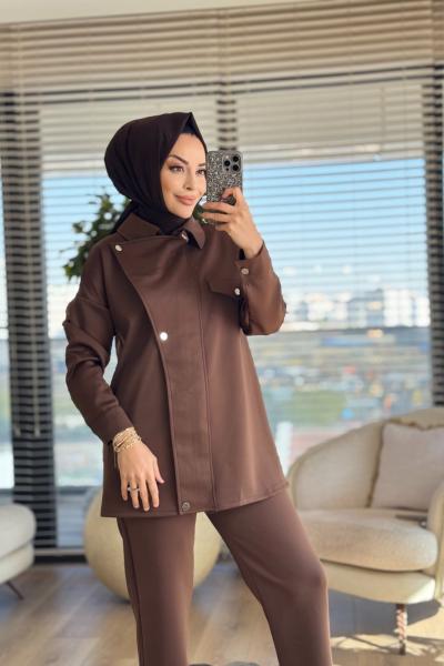 22759 Ön Parça Detaylı Takım Kahve