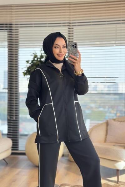 22763 Biye Detaylı Önü Fermuarlı Takım Siyah