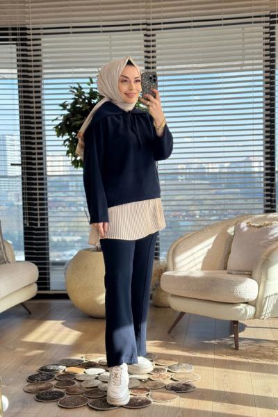 22803 Fitilli Kadife Yakalı Takım Lacivert