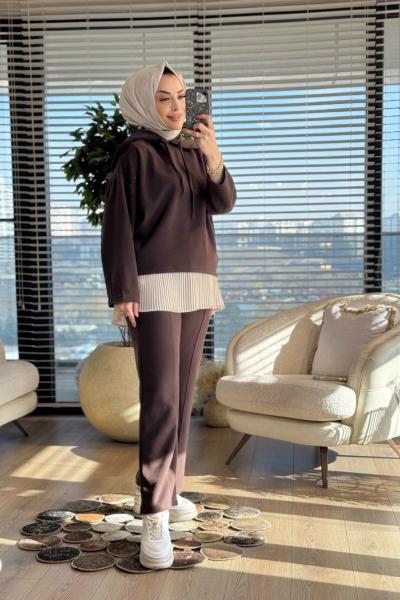 22803 Fitilli Kadife Yakalı Takım Kahve