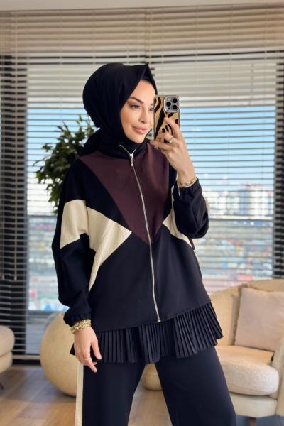 22836 Önü Renkli Parçalı Fermuarlı Takım Siyah