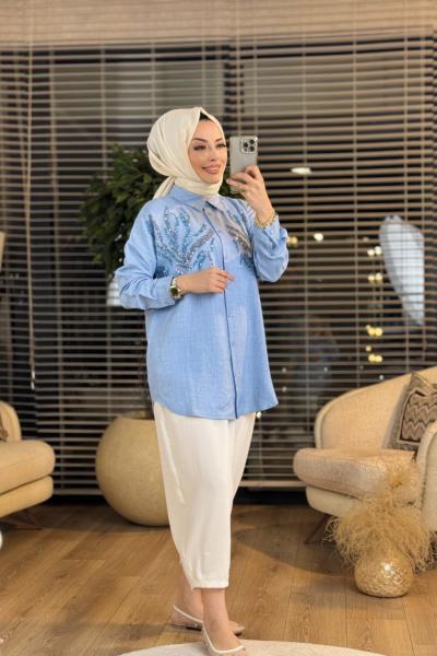 2293 Çift Renk Pul Detaylı Gömlek Mavi