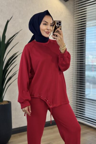 22949 Etek Ucu İp Geçmeli Paçası Lastikli Takım Kırmızı