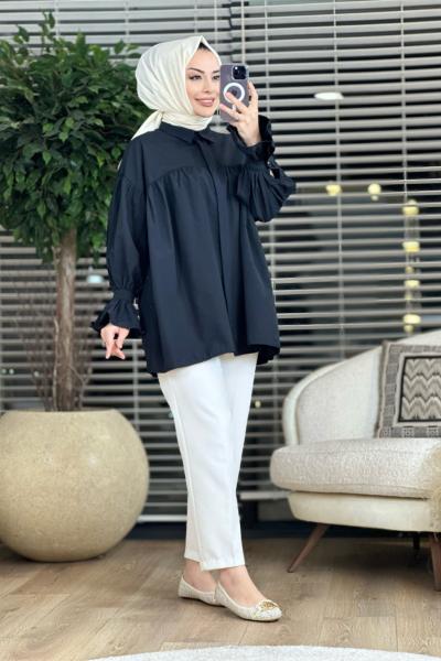 2358 Kolu Büzgülü Gömlek Siyah