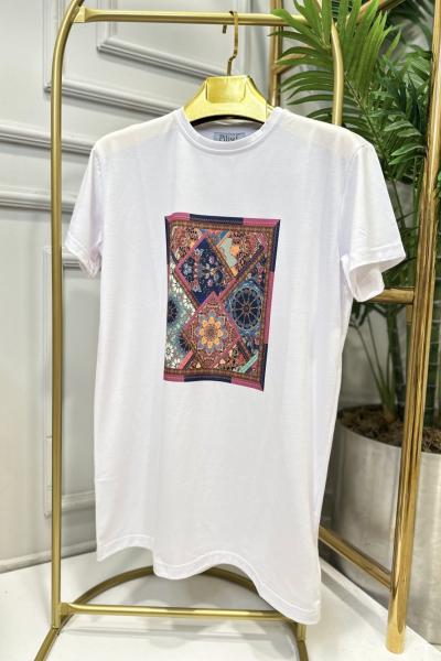 24001-1 Önü Kilim Desen Yarım Kol Bluz Beyaz