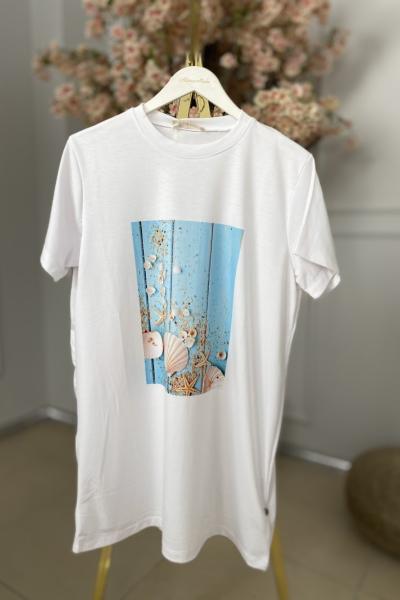 24001-19 Önü Midye Desen Bluz Beyaz