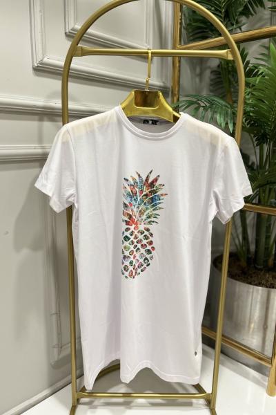 24001-2 Önü Ananas Desen Yarım Kol Bluz Beyaz