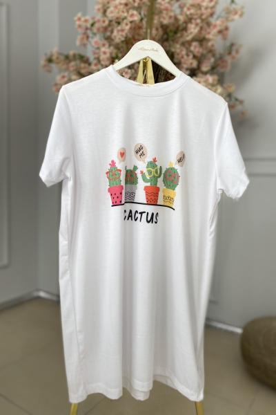 24001-27 Önü 4 Adet Kaktüs Desen Bluz Beyaz